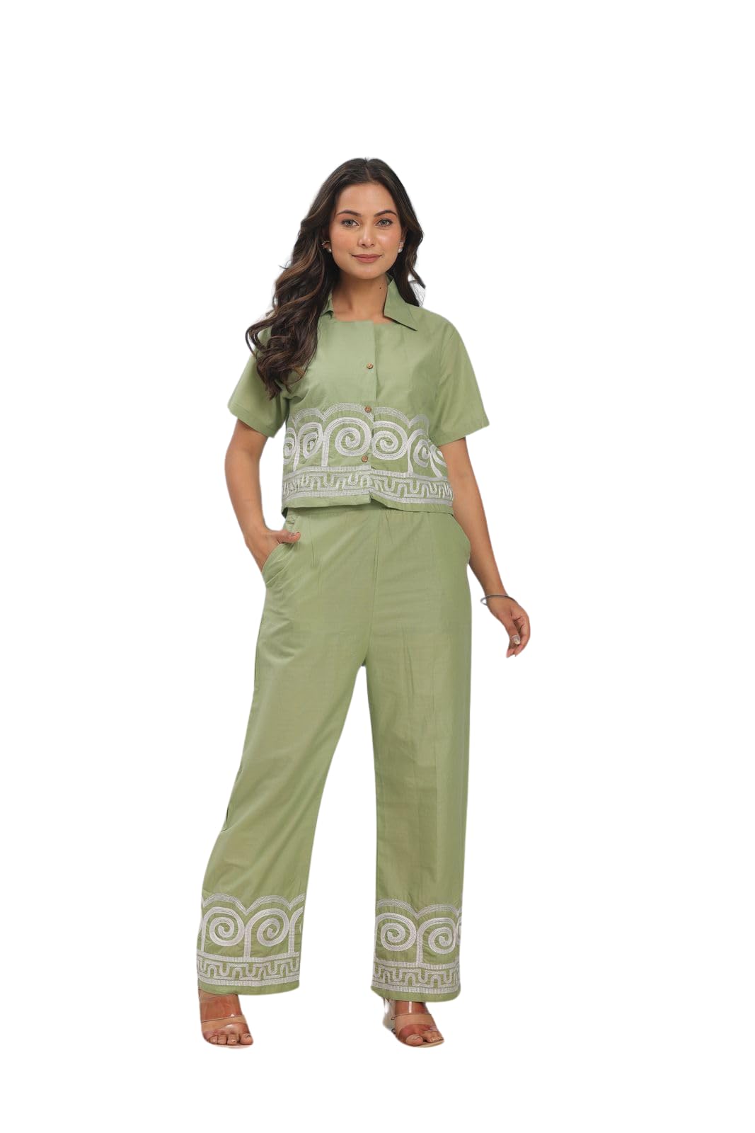 Women’s Cotton Co-Ord Set – Short Sleeve Shirt with Embroidery & Wide Leg Pants (BLACKLUXE CRAFTS) - BLACKLUXECRAFTS