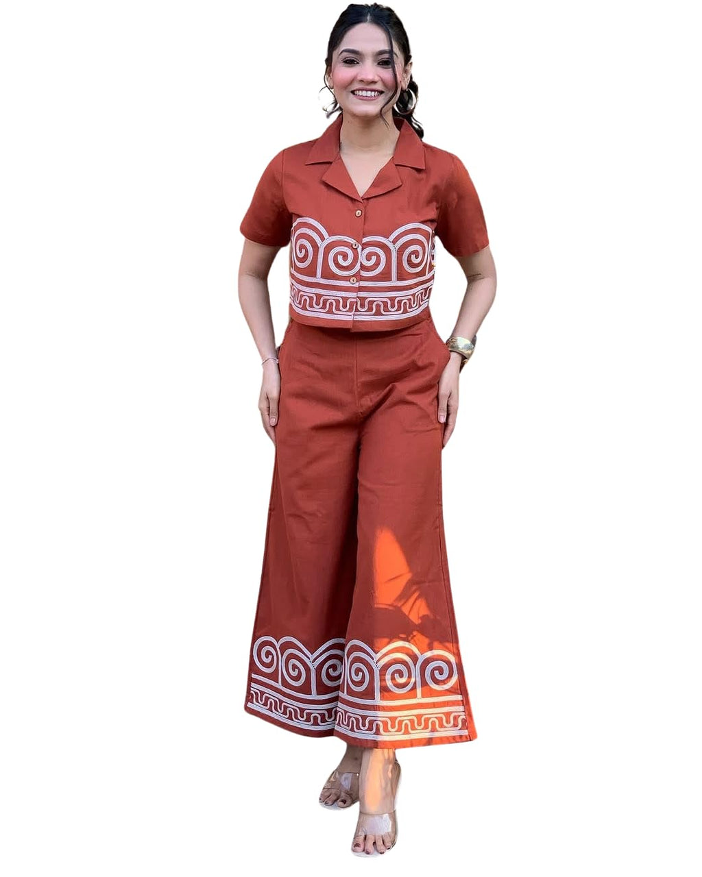 Women’s Cotton Co-Ord Set – Short Sleeve Shirt with Embroidery & Wide Leg Pants (BLACKLUXE CRAFTS) - BLACKLUXECRAFTS