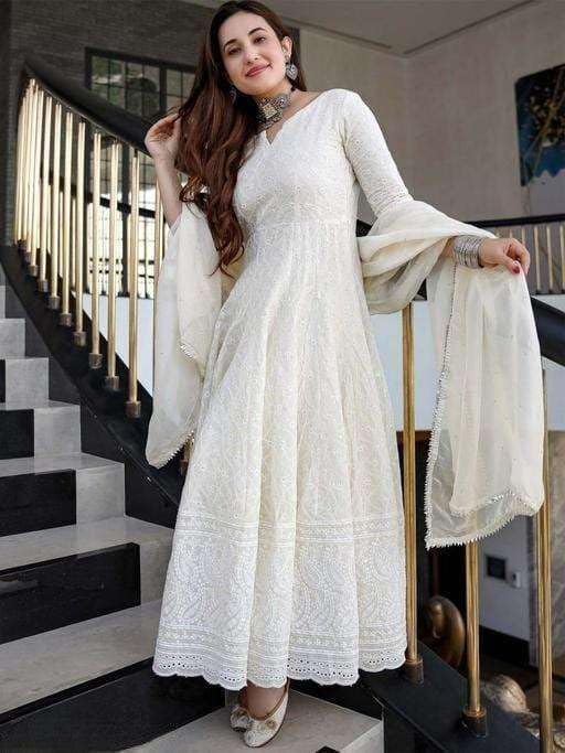 White Embroidered Anarkali Gown with Dupatta | Women’s Indian Wedding & Party Wear Ethnic Dress (BLACKLUXE CRAFTS) - BLACKLUXECRAFTS