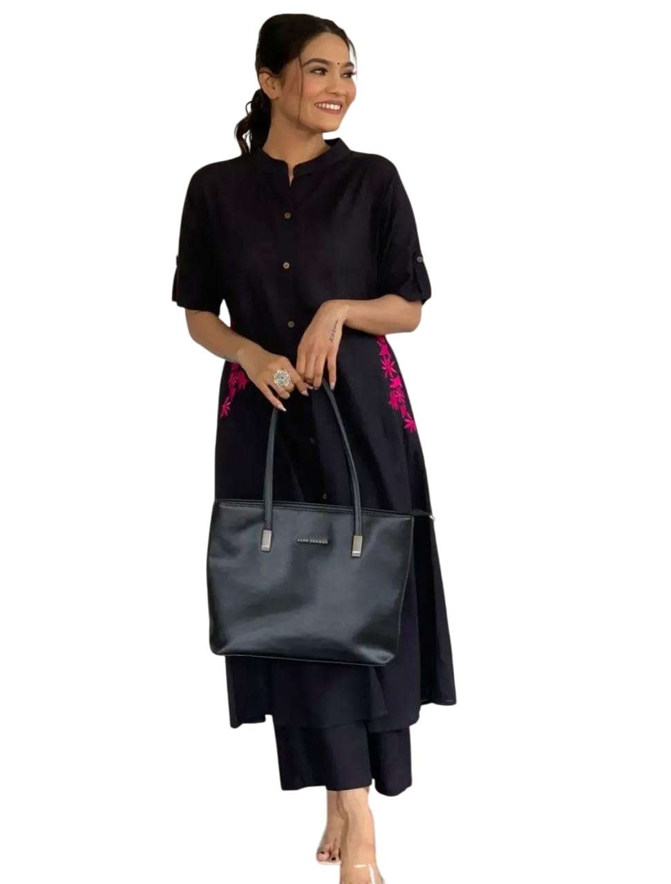 Elegant Black Kurta Set with Pink Embroidery | Women’s Ethnic Outfit (BLACKLUXE CRAFTS) - BLACKLUXECRAFTS