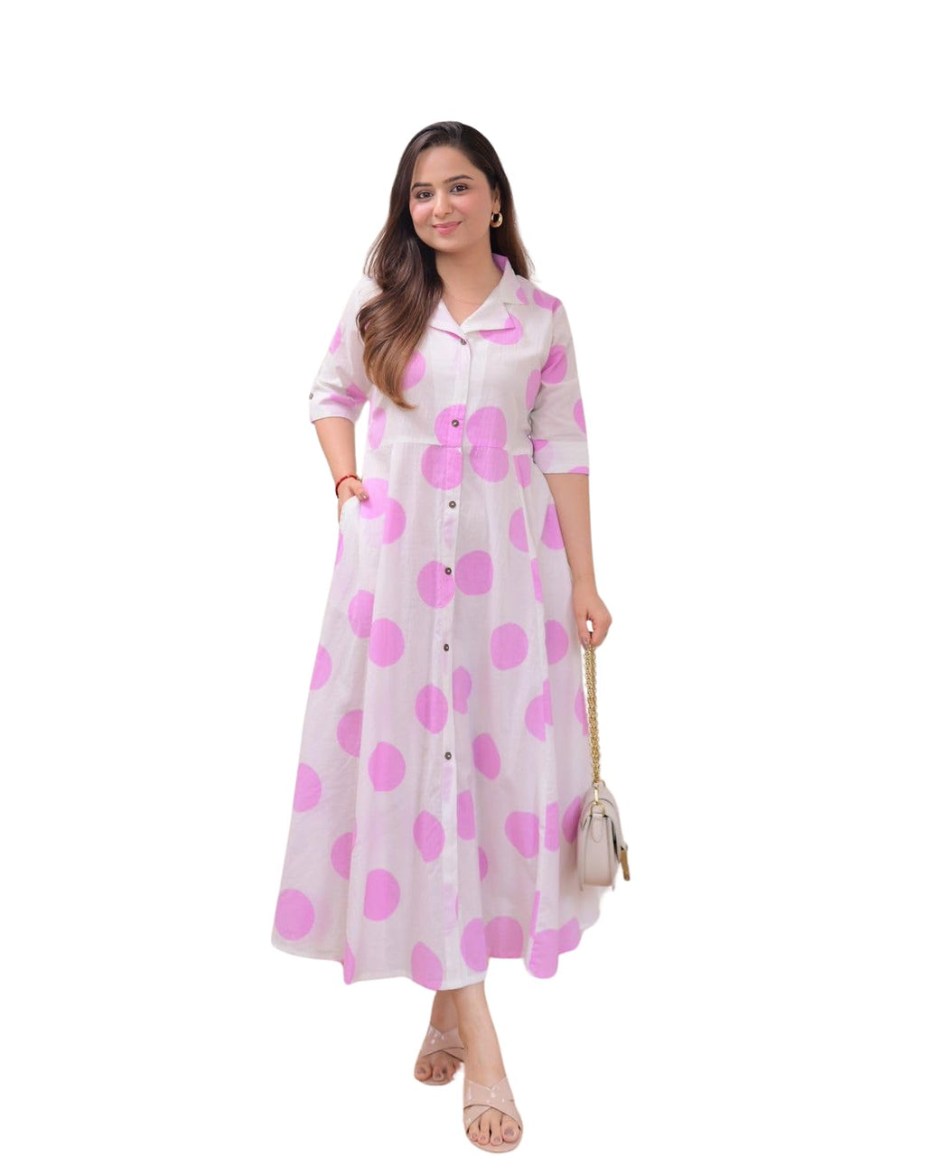 Women’s White Maxi Dress with Polka Dots – Casual Button-Down Long Shirt Dress with Pockets (BLACKLUXE CRAFTS) - BLACKLUXECRAFTS