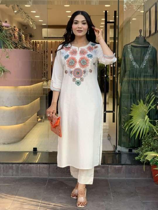 Elegant White Embroidered Kurta Set for Women | Ethnic Cotton Outfit with Pants | Summer Festive & Casual Wear (BLACKLUXE CRAFTS) - BLACKLUXECRAFTS