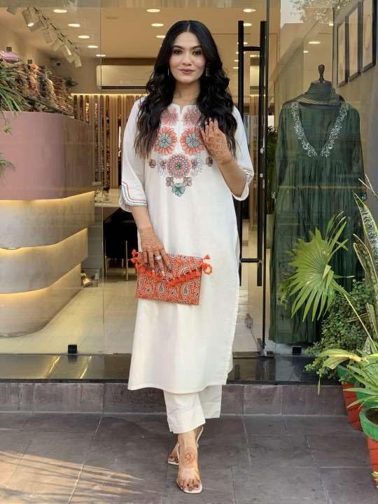 Elegant White Embroidered Kurta Set for Women | Ethnic Cotton Outfit with Pants | Summer Festive & Casual Wear (BLACKLUXE CRAFTS) - BLACKLUXECRAFTS
