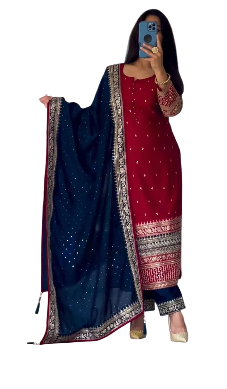 Women's Faux Georgette Embroidered Straight Kurti with Pant & Dupatta Set with Rivet Moti Work (BLACKLUXE CRAFTS) - BLACKLUXECRAFTS