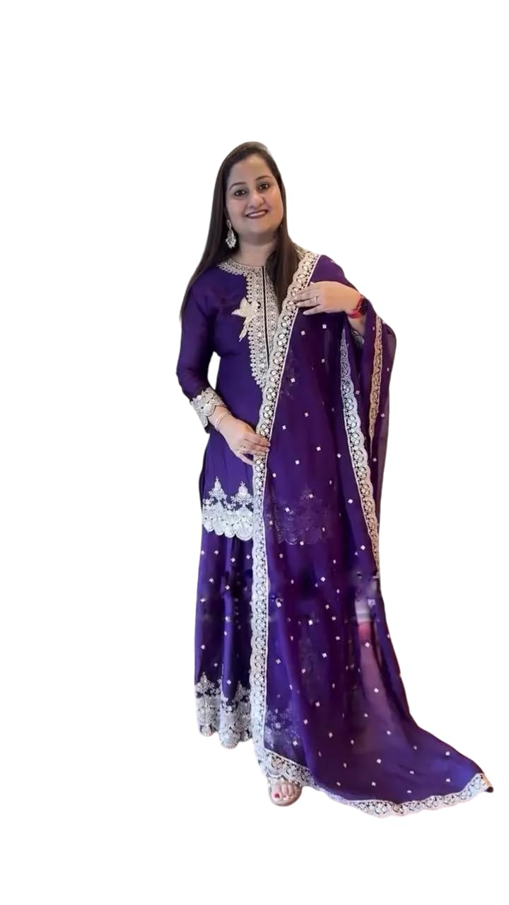 Women's Faux Georgette Embroidered Straight Kurti with Sharara & Dupatta Set (BLACKLUXE CRAFTS) - BLACKLUXECRAFTS