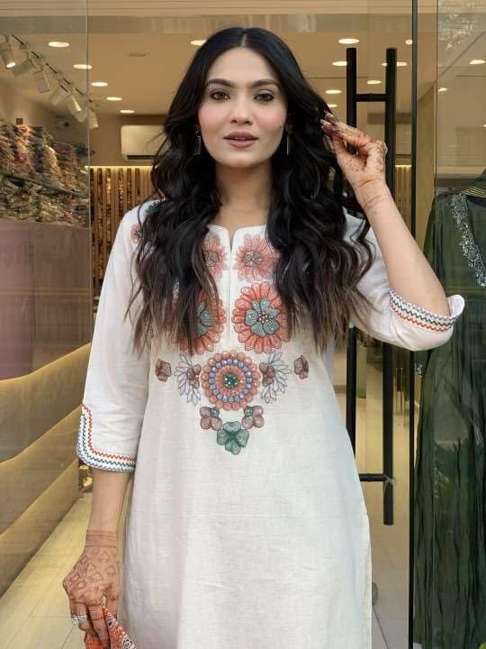 Elegant White Embroidered Kurta Set for Women | Ethnic Cotton Outfit with Pants | Summer Festive & Casual Wear (BLACKLUXE CRAFTS) - BLACKLUXECRAFTS