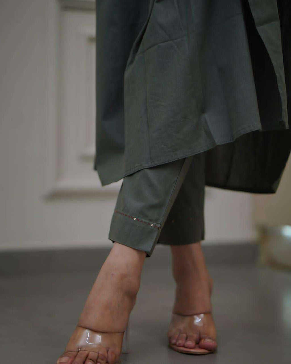 Sage Green Cotton Kurta for Women – Pleated Front with Floral Embroidered Sleeves (BLACKLUXE CRAFTS) - BLACKLUXECRAFTS