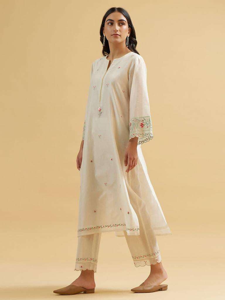 Off-White Embroidered Cotton Kurta Set – Elegant Minimalist Ethnic Wear for Women with Pants (BLACKLUXE CRAFTS) - BLACKLUXECRAFTS