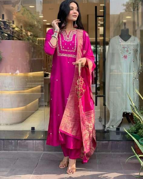 Luxury Fuchsia Pink Embroidered Silk Kurta Set with Dupatta – Indian Ethnic Party Wear for Women (BLACKLUXE CRAFTS) - BLACKLUXECRAFTS