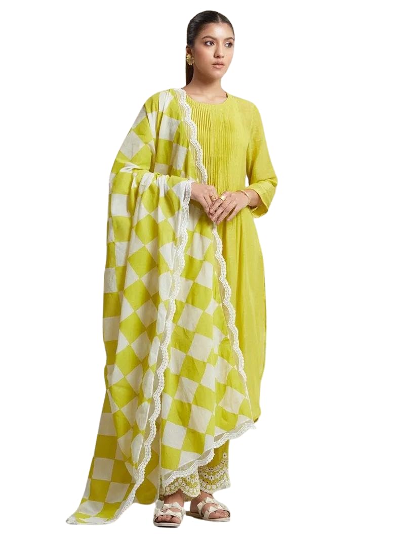 Lime Yellow Kurta Set with Checkered Dupatta | Women’s Indian Ethnic Outfit | Cotton Suit for Festive & Party Wear (BLACKLUXE CRAFTS) - BLACKLUXECRAFTS