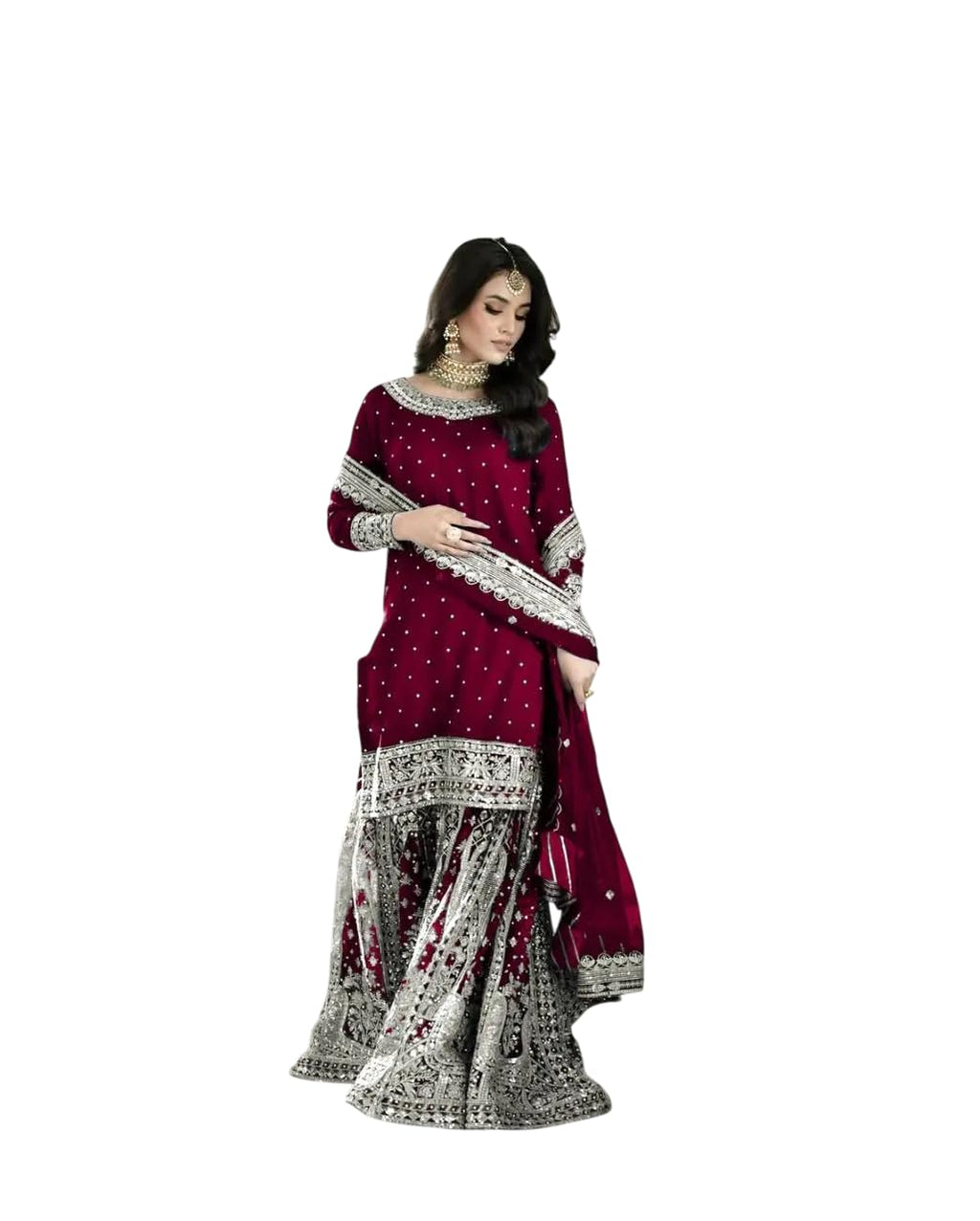 Maroon Sharara Suit with Heavy Silver Embroidery & Dupatta | Bridal & Wedding Wear (BLACKLUXE CRAFTS) - BLACKLUXECRAFTS