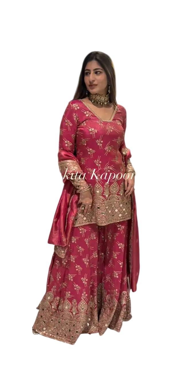 Women's Simmer Silk Embroidered Straight Kurta with Sharara & Dupatta Set (BLACKLUXE CRAFTS) - BLACKLUXECRAFTS