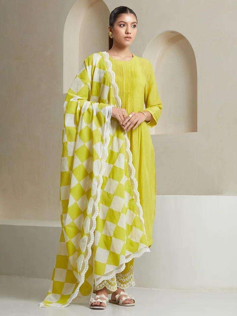 Lime Yellow Kurta Set with Checkered Dupatta | Women’s Indian Ethnic Outfit | Cotton Suit for Festive & Party Wear (BLACKLUXE CRAFTS) - BLACKLUXECRAFTS