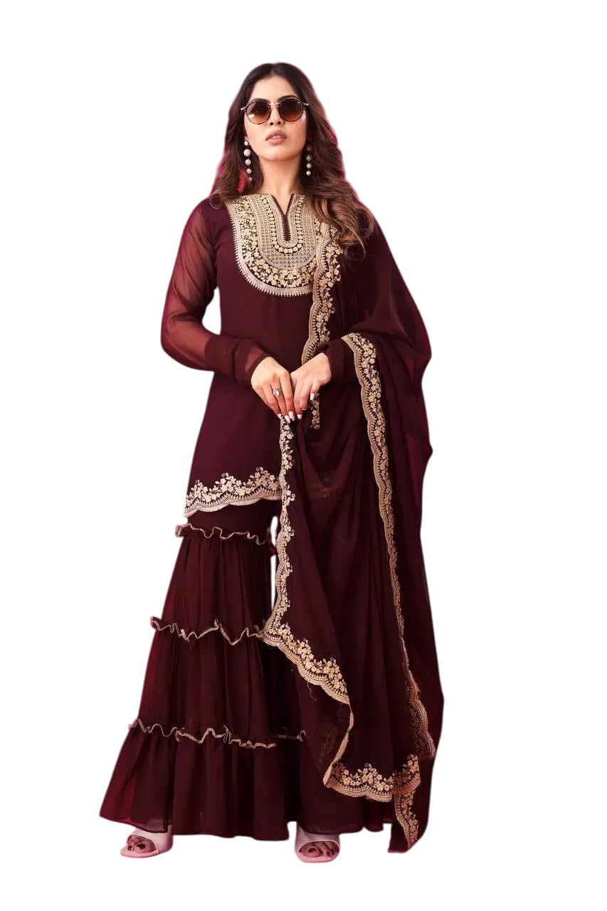 Women's Faux Georgette Embroidered Kurti With Plazzo and Dupatta Set (BLACKLUXE CRAFTS) - BLACKLUXECRAFTS