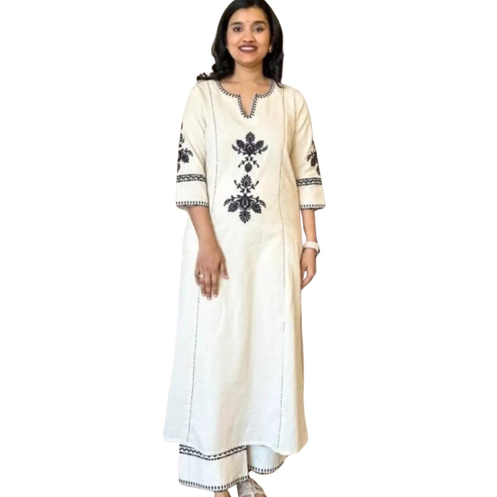 White Kurti with Black Embroidery & Palazzo Set – Women’s Elegant Ethnic Wear for Casual & Festive Occasions
(BLACKLUXE CRAFTS) - BLACKLUXECRAFTS