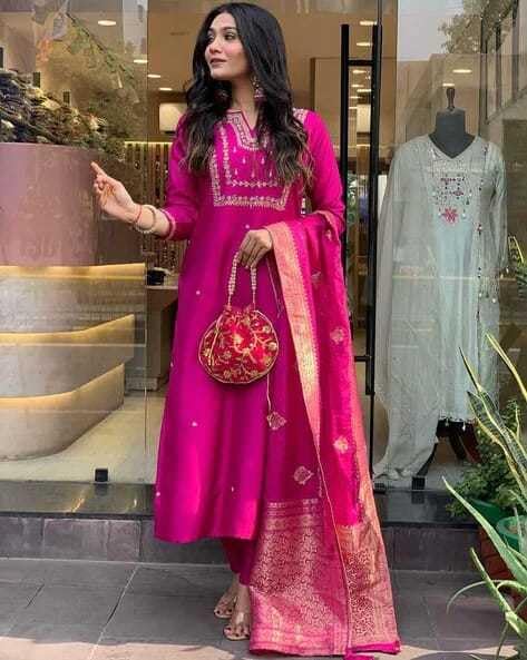 Luxury Fuchsia Pink Embroidered Silk Kurta Set with Dupatta – Indian Ethnic Party Wear for Women (BLACKLUXE CRAFTS) - BLACKLUXECRAFTS