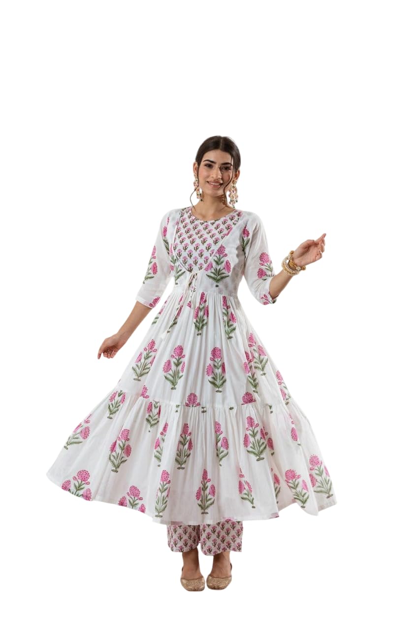 Women's Cotton Floral Printed Long Anarkali Kurti with Pant and Dupatta - BLACKLUXECRAFTS