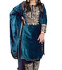 Women's Viscose Velvet Embroidery and Sequence Work Straight Kurti with Pant & Dupatta Set (Teal Blue-M)(BLACKLUXE CRAFTS) - BLACKLUXECRAFTS