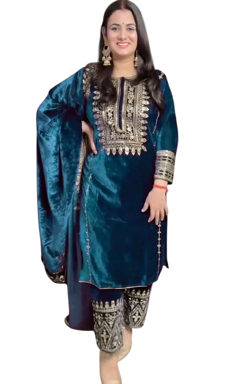 Women's Viscose Velvet Embroidery and Sequence Work Straight Kurti with Pant & Dupatta Set (Teal Blue-M)(BLACKLUXE CRAFTS) - BLACKLUXECRAFTS