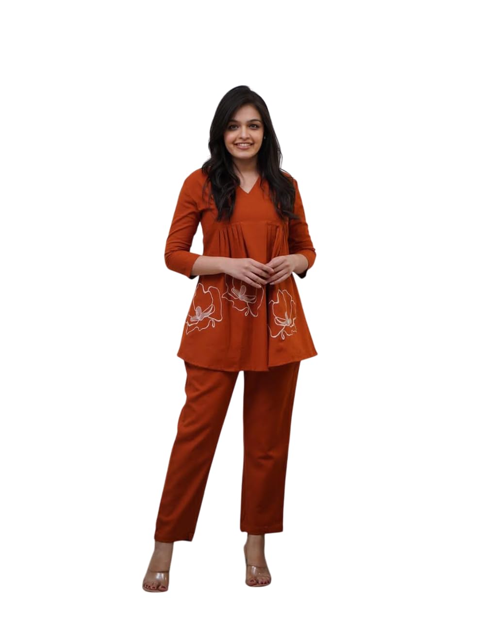 Cotton Co-ord Set for Women – Pleated Kurta with Floral Embroidery and Pants (BLACKLUXE CRAFTS) - BLACKLUXECRAFTS