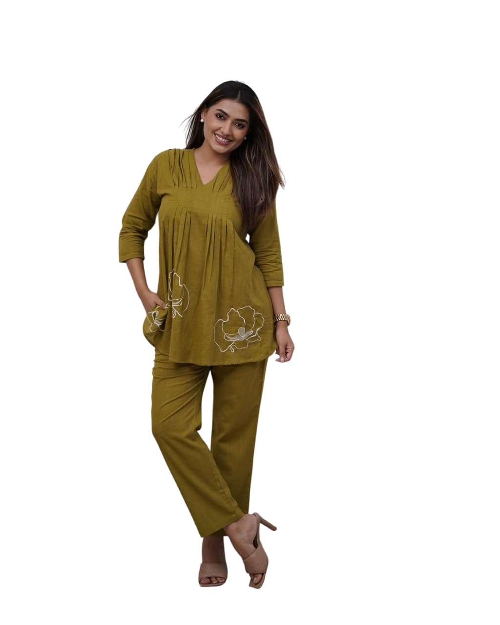 Cotton Co-ord Set for Women – Pleated Kurta with Floral Embroidery and Pants (BLACKLUXE CRAFTS) - BLACKLUXECRAFTS