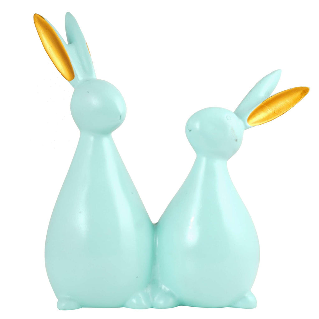 Handmade Aqua Blue Bunny Couple Figurine – Modern Resin Rabbit Statue with Golden Ears for Home Décor & Gifting (BLACKLUXE CRAFTS) - BLACKLUXECRAFTS