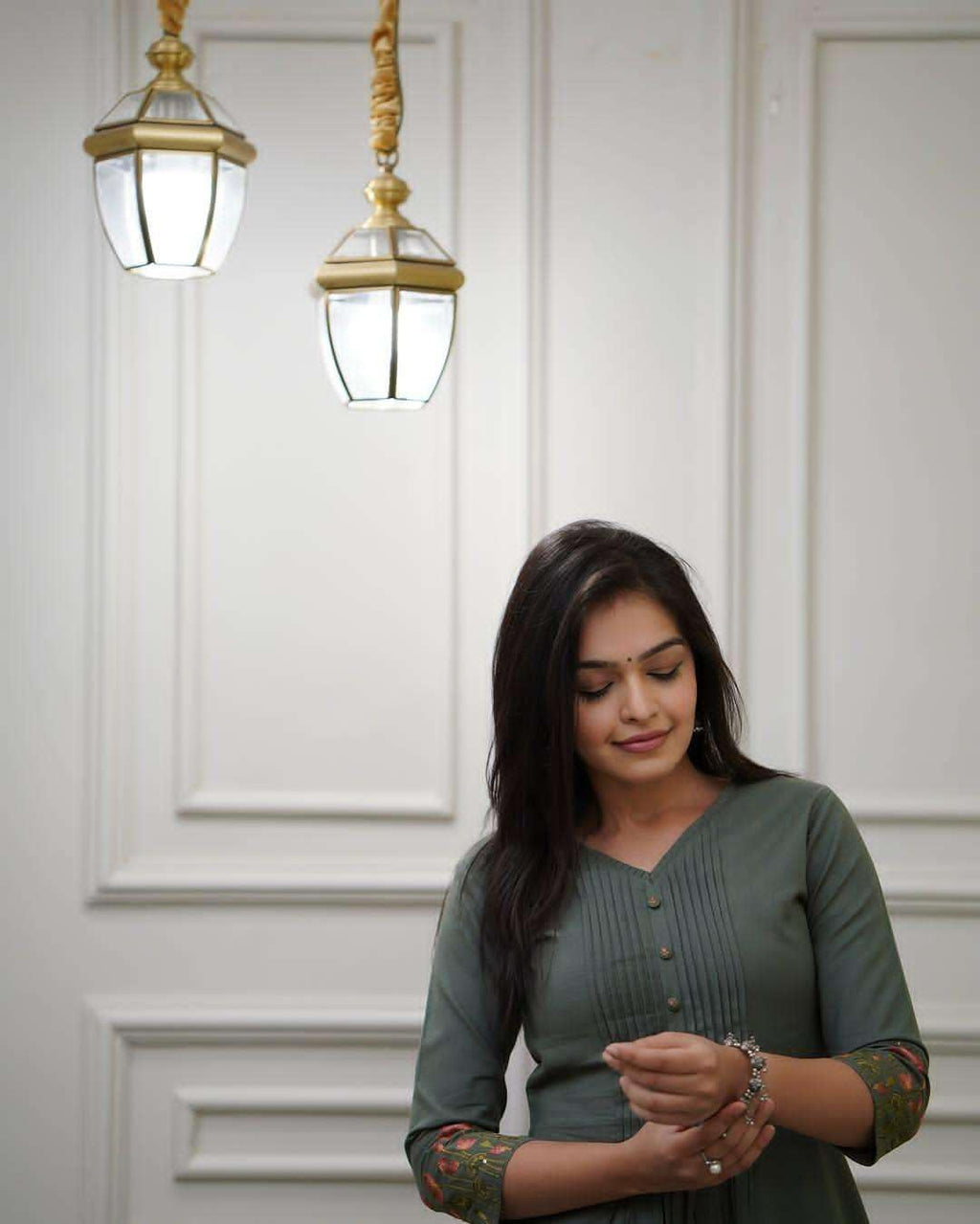 Sage Green Cotton Kurta for Women – Pleated Front with Floral Embroidered Sleeves (BLACKLUXE CRAFTS) - BLACKLUXECRAFTS