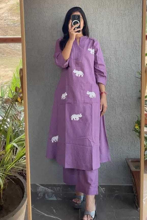 Handmade Cotton Kurta Set with Blue Elephant Embroidery – Casual & Office Wear for Women (BLACKLUXE CRAFTS) - BLACKLUXECRAFTS