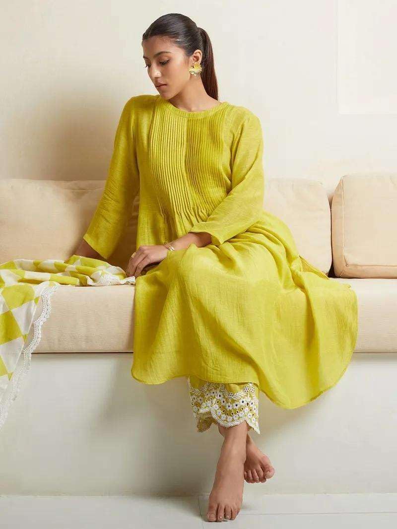 Lime Yellow Kurta Set with Checkered Dupatta | Women’s Indian Ethnic Outfit | Cotton Suit for Festive & Party Wear (BLACKLUXE CRAFTS) - BLACKLUXECRAFTS