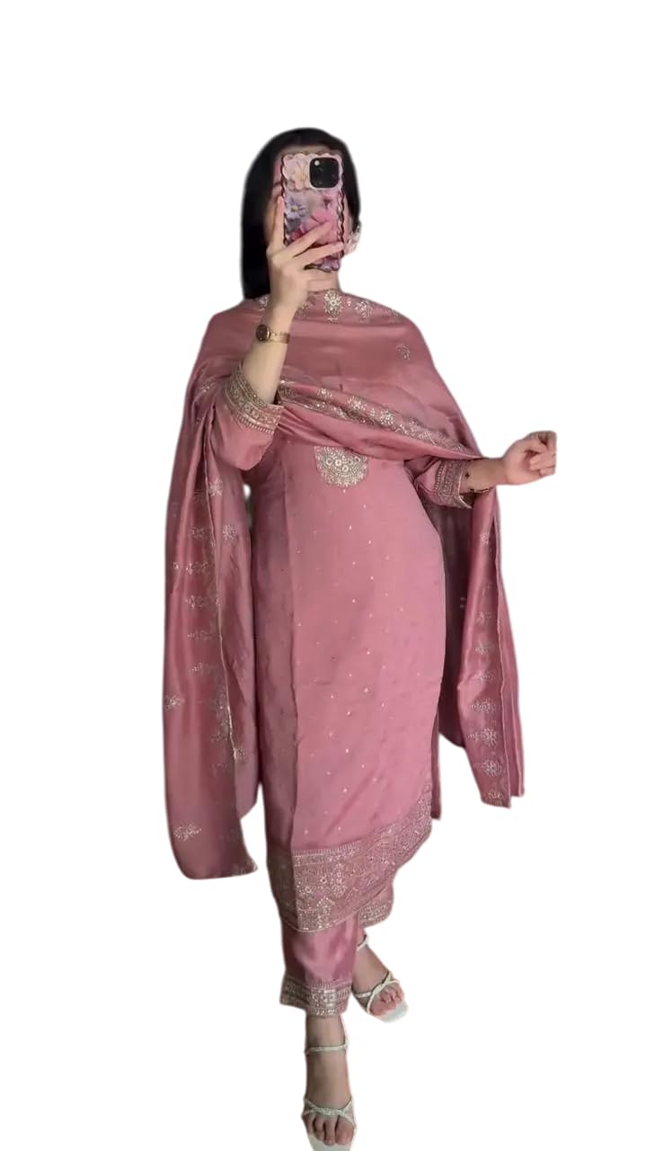 Women's Chinnon Silk Embroidery Sequence Work Straight Kurti With Pant & Dupatta Set (BLACKLUXE CRAFTS) - BLACKLUXECRAFTS