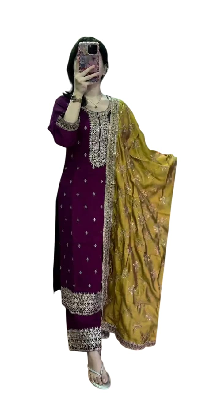 Women's Chinnon Silk Embroidered Straight Kurti with Pant & Dupatta Set (BLACKLUXE CRAFTS) - BLACKLUXECRAFTS