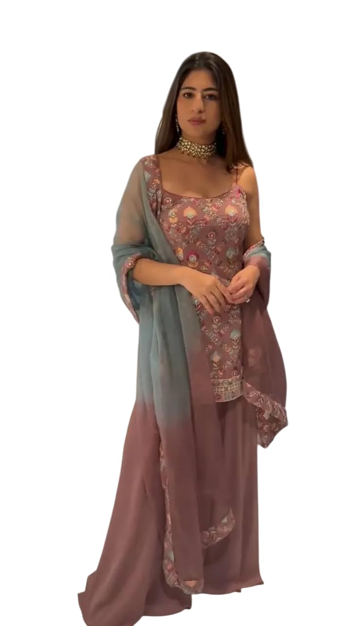 Women's Faux Georgette Embroidered Sleeveless Straight Kurti with Sharara and Dupatta Set (BLACKLUXE CRAFTS) - BLACKLUXECRAFTS