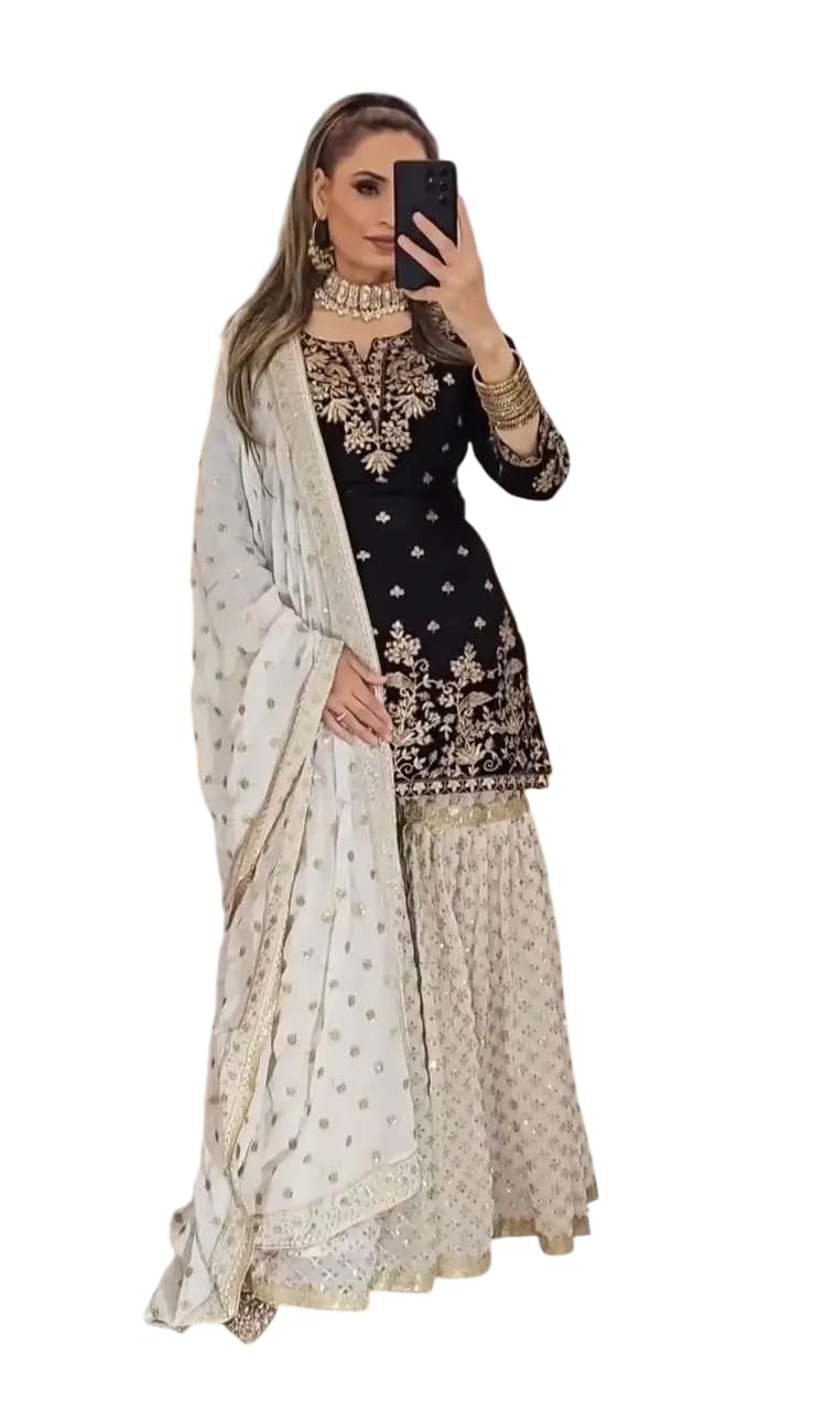 Women's Faux Georgette Embroidered Kurti With Sharara & Dupatta Set with Lace Border (BLACKLUXE CRAFTS) - BLACKLUXECRAFTS