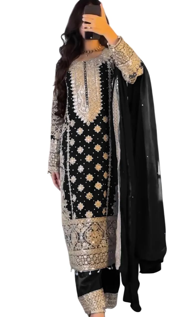 Black Embroidered Pakistani Suit with Heavy Silver Zari & Sequin Work | Designer Salwar Kameez with Dupatta for Women (BLACKLUXE CRAFTS) - BLACKLUXECRAFTS