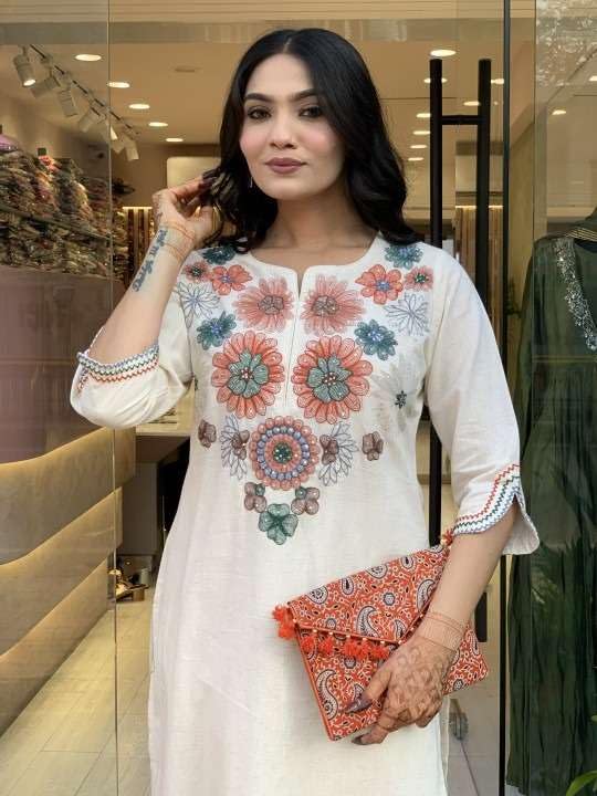 Elegant White Embroidered Kurta Set for Women | Ethnic Cotton Outfit with Pants | Summer Festive & Casual Wear (BLACKLUXE CRAFTS) - BLACKLUXECRAFTS