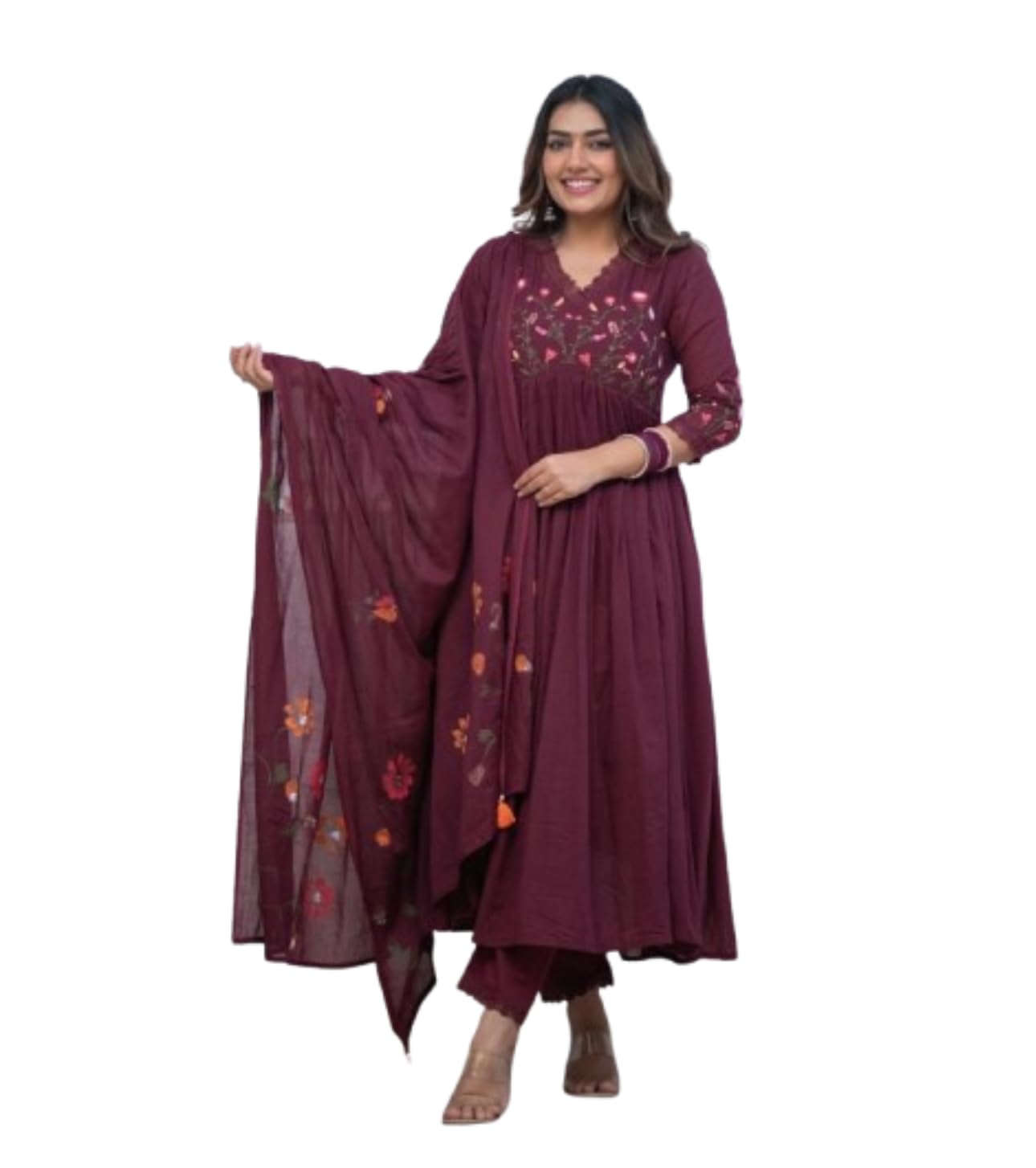 Women's Cotton Embroidered Long Anarkali Kurti With Pant and Dupatta Set (BLACKLUXE CRAFTS) - BLACKLUXECRAFTS