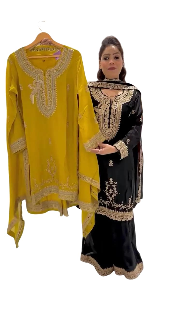 Women's Faux Georgette Embroidered Straight Kurti with Palazzo & Dupatta Set (BLACKLUXE CRAFTS) - BLACKLUXECRAFTS