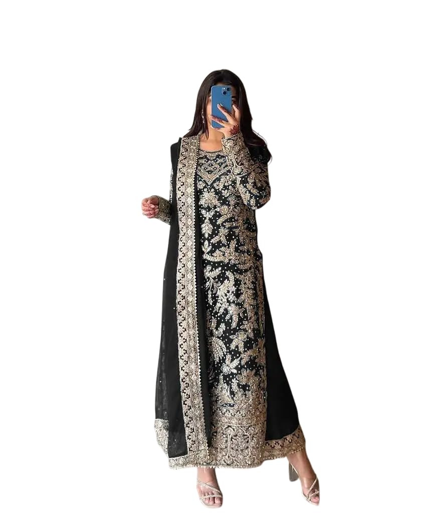 Women's Faux Georgette Embroidered Aaliya Cut Kurti With Plazzo & Dupatta Set with Diamond Handwork (BLACKLUXE CRAFTS) - BLACKLUXECRAFTS