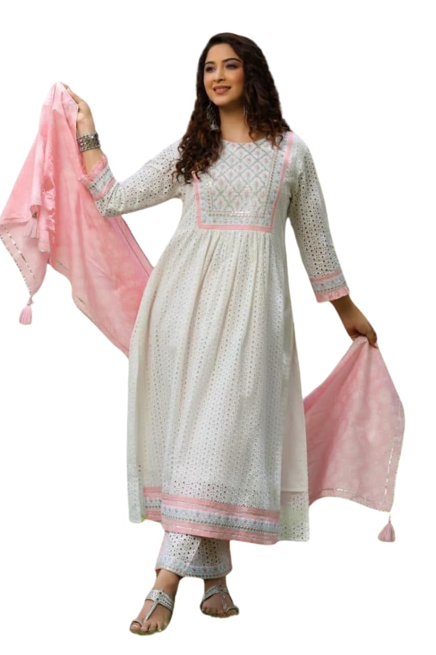 Women's Cotton Embroidered Nayra Cut Kurti With Pant and Dupatta Set from (BLACKLUXE CRAFTS) - BLACKLUXECRAFTS