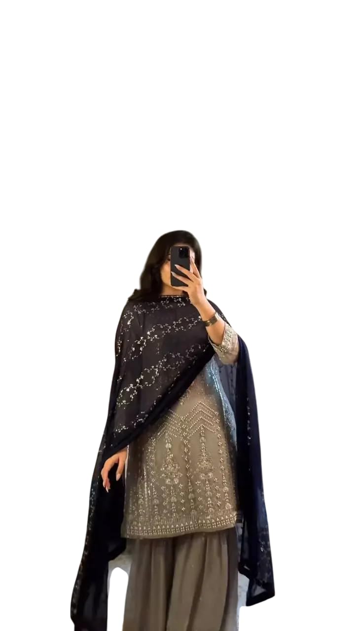 Women's Faux Georgette Embroidered Straight Kurti with Sharara and Dupatta Set (BLACKLUXE CRAFTS) - BLACKLUXECRAFTS