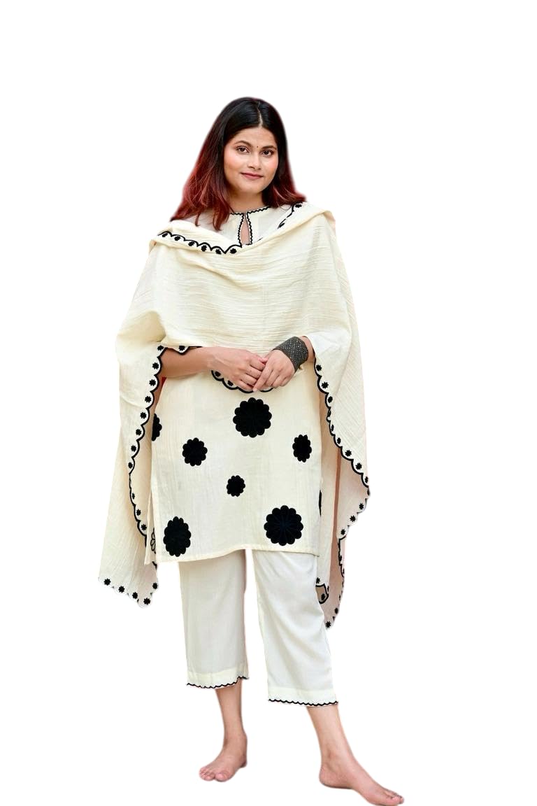 Cream Kurta Set with Black Appliqué & Dupatta | Elegant Cotton Ethnic Outfit for Women | Handmade Summer Kurti Pant Set
(BLACKLUXE CRAFTS) - BLACKLUXECRAFTS