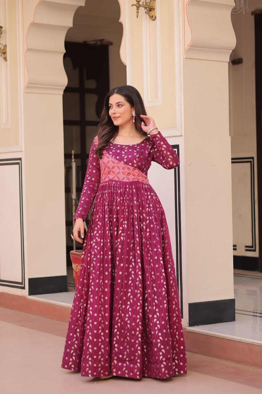 Handmade Indian Anarkali Maxi Dress – Maroon Silk Blend Gown with Gold Print | Long Ethnic Party Wear | Designer Women’s Outfit from India (BLACKLUXE CRAFTS)