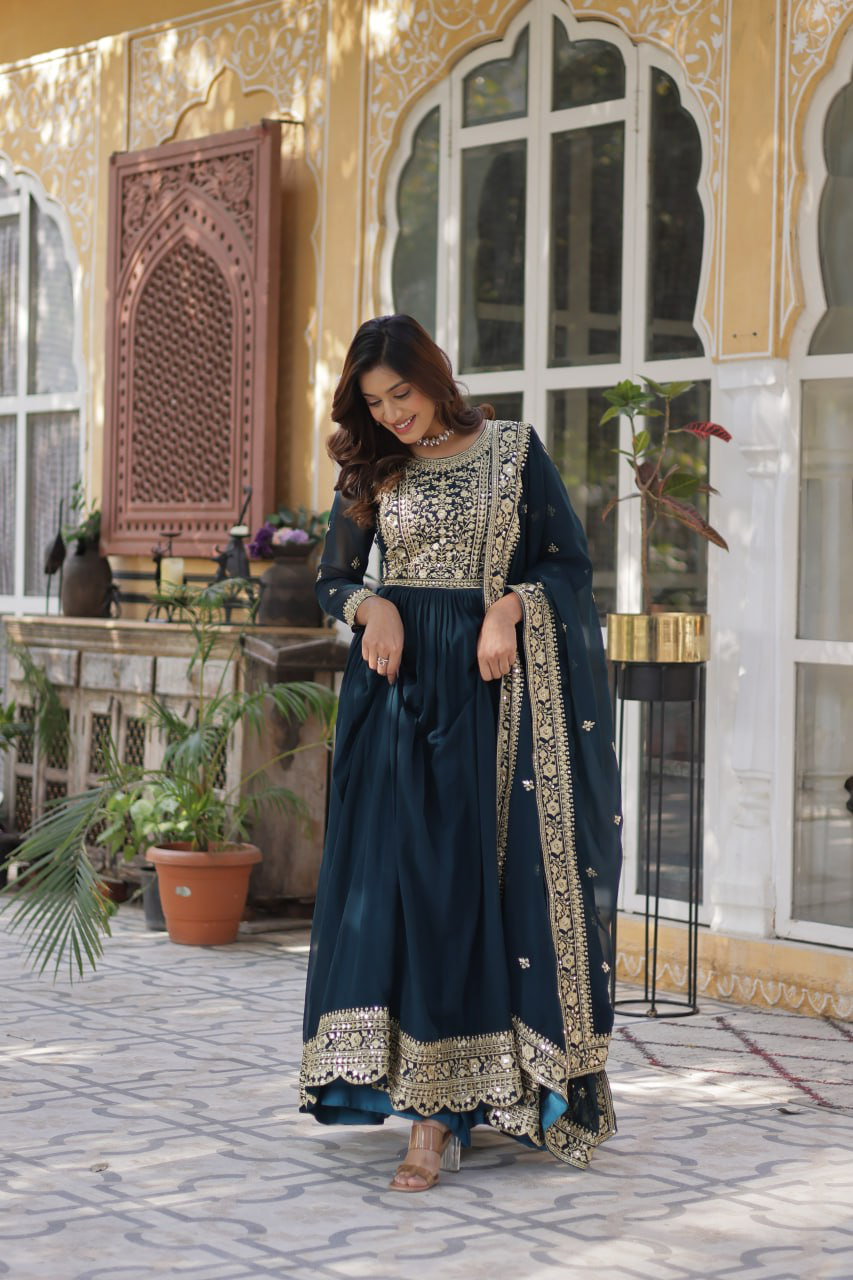 Handmade Teal Blue Anarkali Gown with Dupatta – Indian Ethnic Party Wear Dress for Women | Designer Wedding & Festive Outfit (BLACKLUXE CRAFTS)