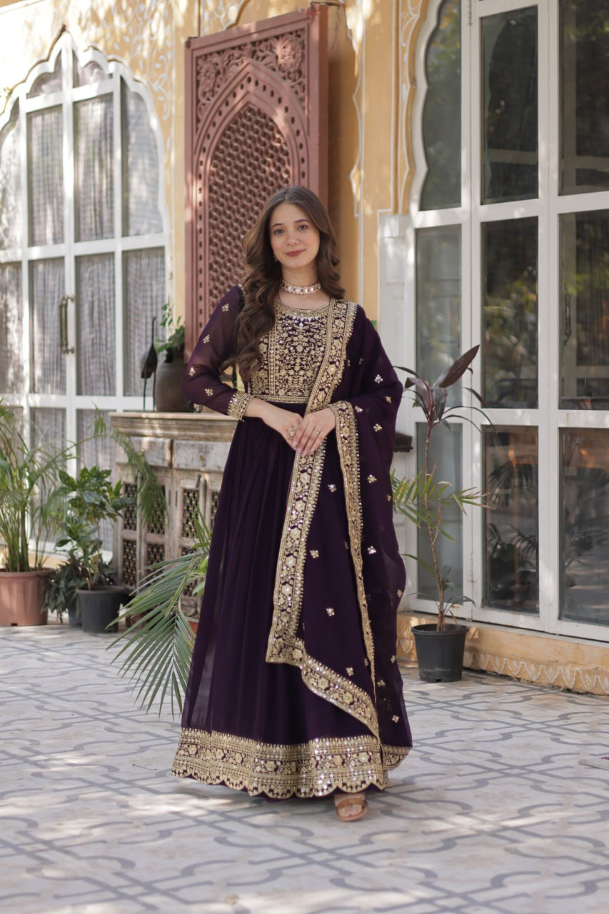 Handmade Purple Anarkali Gown with Heavy Golden Embroidery & Dupatta | Indian Ethnic Party Wear Dress | Artisan Crafted Outfit from India (BLACKLUXE CRAFTS)