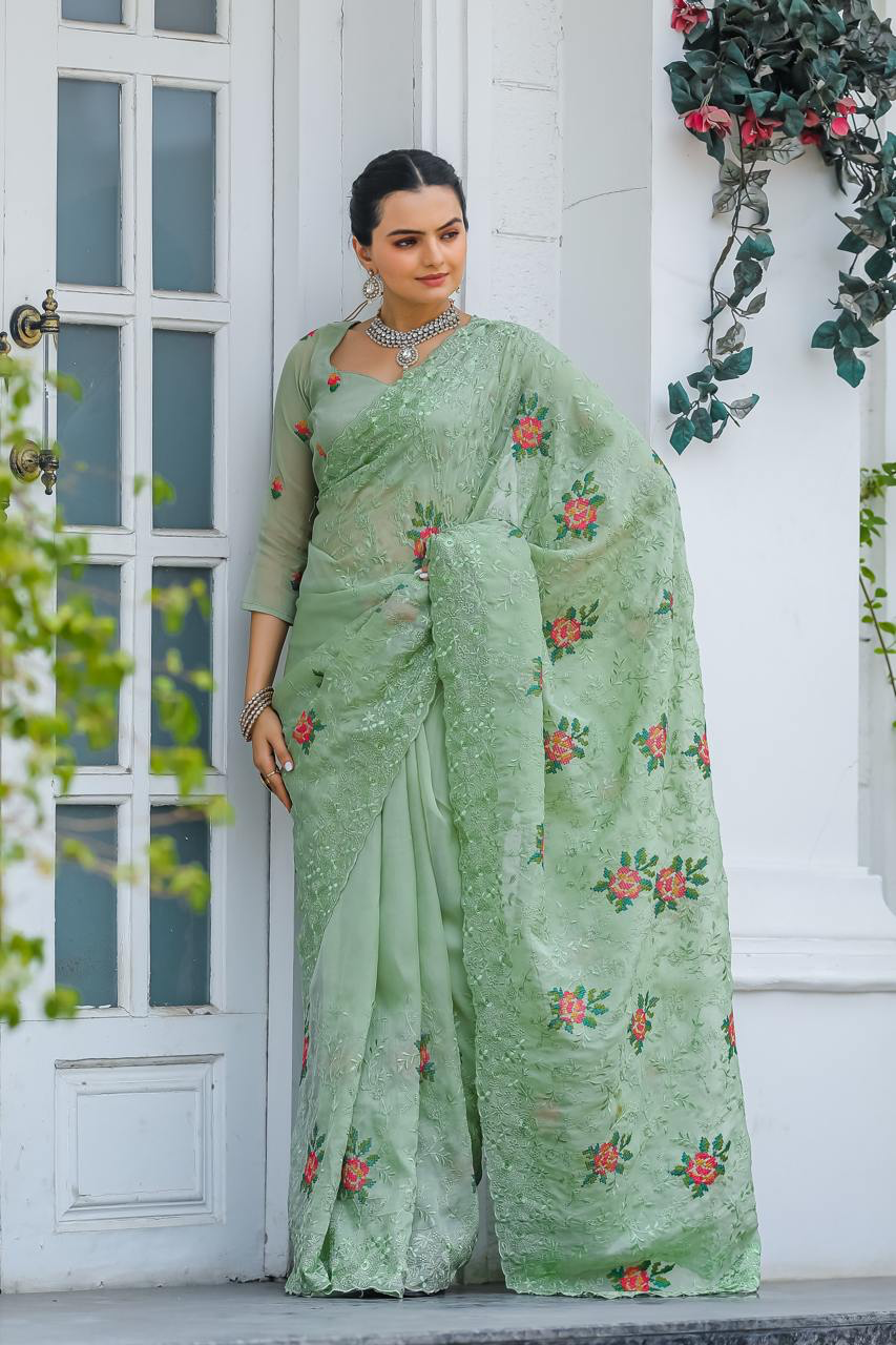 Handmade Pastel Green Floral Embroidered Saree – Pure Georgette Indian Ethnic Wear for Women | Elegant Wedding & Party Outfit from India (BLACKLUXE CRAFTS)