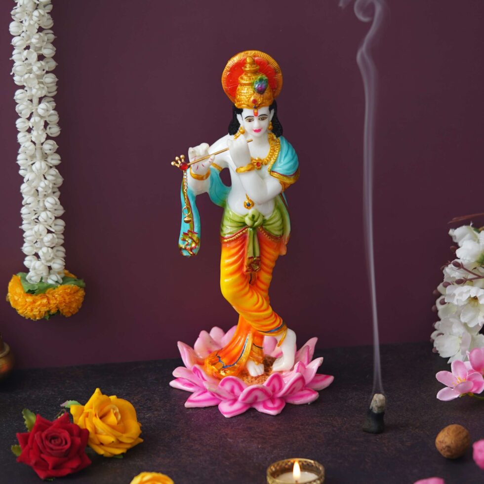 Lord Krishna Playing Flute Idol on Lotus | Hindu God Statue for Home Décor & Puja (BLACKLUXE CRAFTS) - BLACKLUXECRAFTS