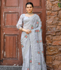 Handmade Silver Grey Embroidered Saree with Floral Work – Elegant Party Wear & Wedding Saree from India (BLACKLUXE CRAFTS)