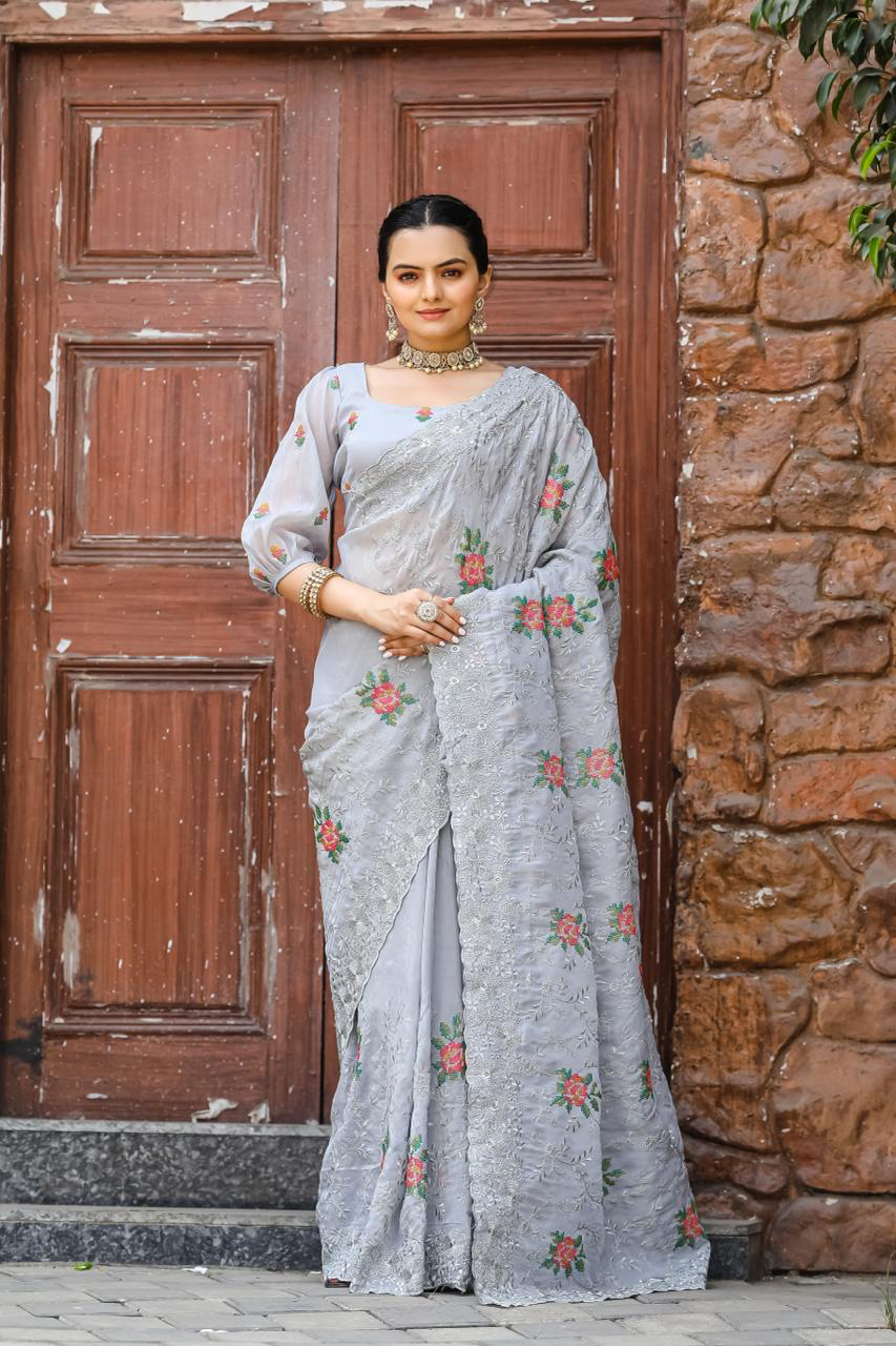 Handmade Silver Grey Embroidered Saree with Floral Work – Elegant Party Wear & Wedding Saree from India (BLACKLUXE CRAFTS)