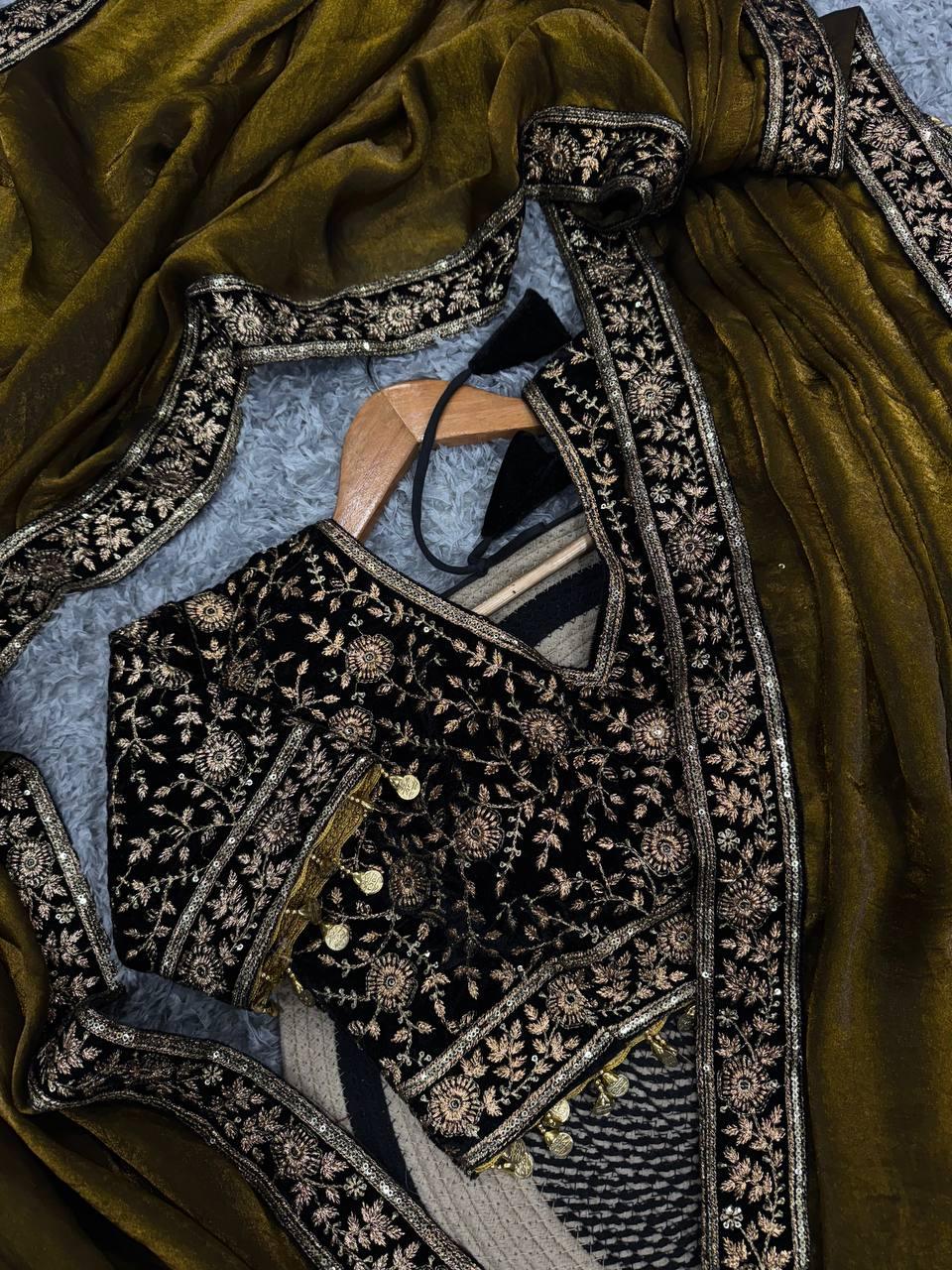 Women’s Luxe Olive-Gold Silk Saree with Heavily Embellished Blouse & Border – Ideal for Evening, Wedding & Reception Wear (BLACK LUXE CRAFTS) - BLACKLUXECRAFTS