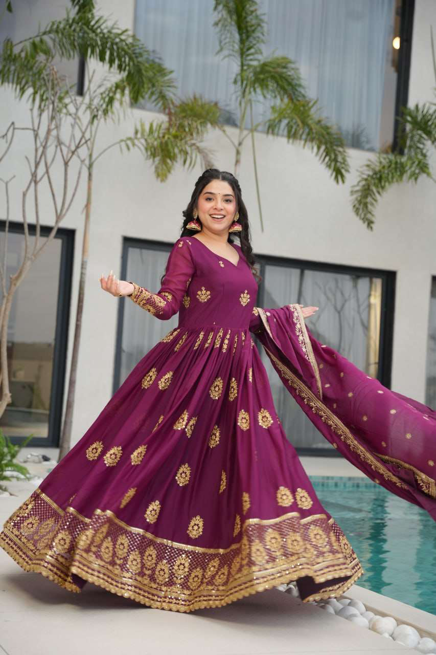 Handmade Purple Anarkali Gown with Dupatta | Indian Embroidered Ethnic Dress | Wedding & Party Wear Outfit for Women (BLACKLUXE CRAFTS)